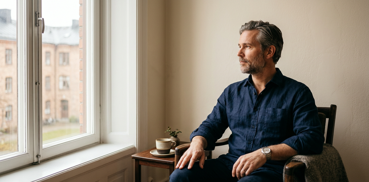 Nordic man in his early forties looking out the window — contemplating male andropause
